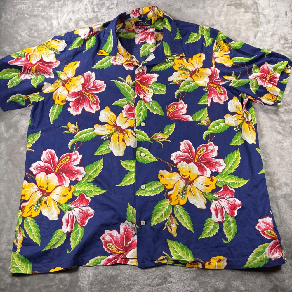Polo Ralph Lauren Mens XXL Blue Hibiscus Floral Cotton Camp Shirt Classic Fit